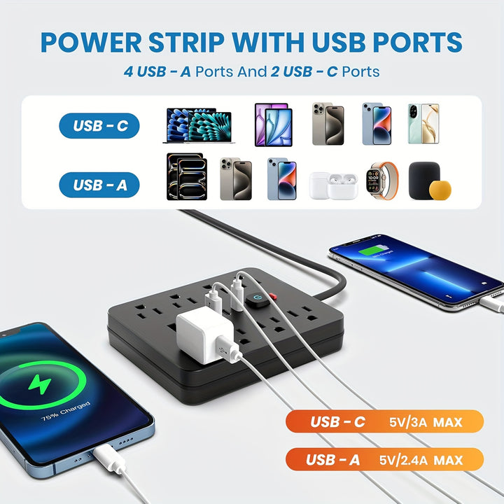 This Is a Versatile Black Power Strip Featuring 8 Outlets, 4 USB Ports, 2 USB-C Ports, a 5/10Ft Extension Cord, a Flat Plug, Wall Mounting Capability, Overload Protection, And Surge Protection, Making It Perfect for Charging