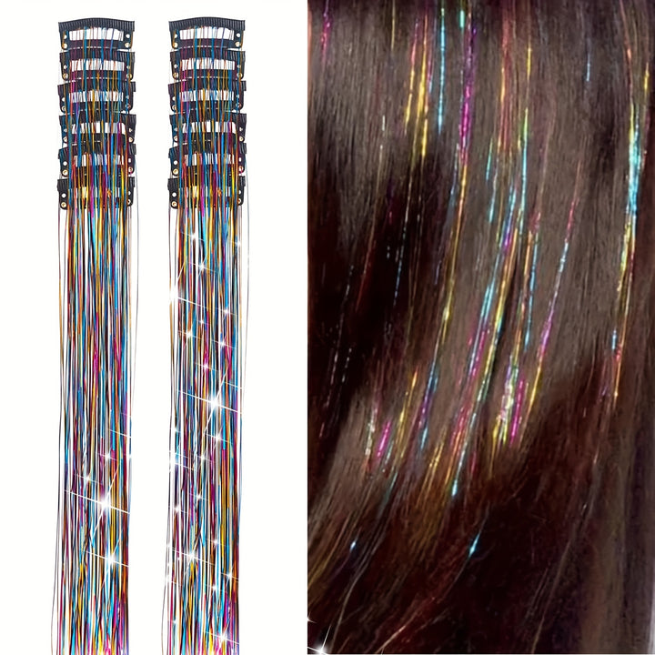 12Pcs Hair Tinsel Clip In 19.6Inch Tinsel Hair Extensions Clip In Hair Tinsel Kit Heat Resistant Shiny Sparkle Glitter Hair Extensions Fairy Hair Accessories For Women