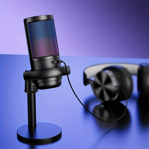 Micrófono USB de Estudio Profesional de Condensador, Micrófono para PC Gaming Mic para PS4/ PS5/ Mac/Teléfono, Iluminación RGB Brillante, Grabación Streaming Gaming Karaoke Canto ME6S Mic