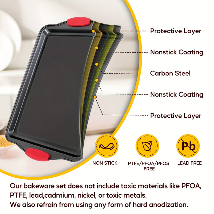 3pcs Carbon Steel Non-stick Kitchen Oven Baking Pan, Luxurious and Fashionable Non-stick Inside and Outside, Commercial Grade Restaurant Quality Metal Baking Pan, with Red Silicone Handle