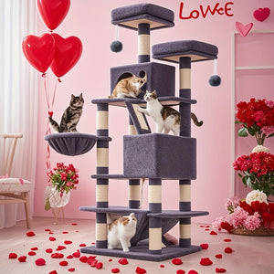 Feandrea 66.1/44.1in Cat Tree, Large Cat Tower with 13 Scratching Posts, 2 Perches, 2 Caves, Hanging Basket & Hammock, Pompoms, Stable Kitty Play House, Multi-Level Plush Cat Condo for Indoor Cats, Easy to Assemble, Perfect G