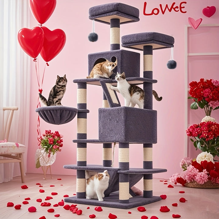 Feandrea 66.1/44.1in Cat Tree, Large Cat Tower with 13 Scratching Posts, 2 Perches, 2 Caves, Hanging Basket & Hammock, Pompoms, Stable Kitty Play House, Multi-Level Plush Cat Condo for Indoor Cats, Easy to Assemble, Perfect G