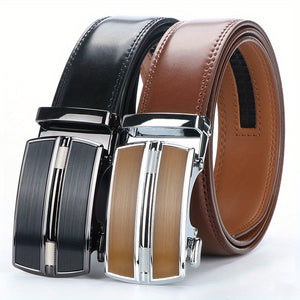 Men'S Genuine Leather Ratchet Belt, Cool And Handsome Style, Adjustable Automatic Square Alloy Buckle, Durable Two-layer Cowhide Panel, for Casual Business Wear