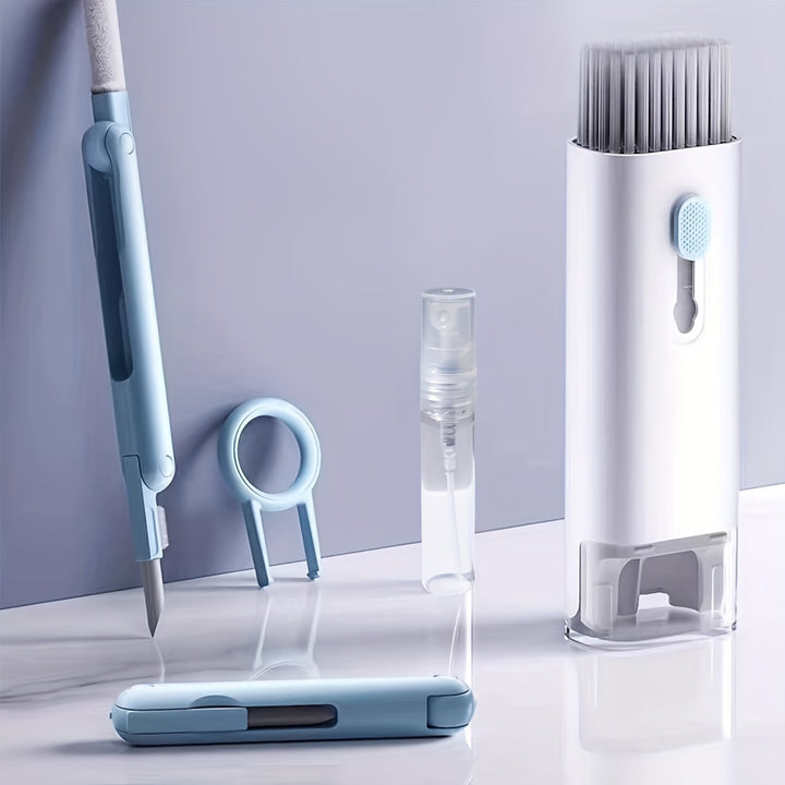 Multi-Function Digital Equipment Cleaning Kit – Dust Removal Tools for Keyboard, Laptop, Earphone Ports, Mobile Phone - Non-Electric, Soft Bristle Brush Set with Integrated Spray Cleaner and Microfiber Tip