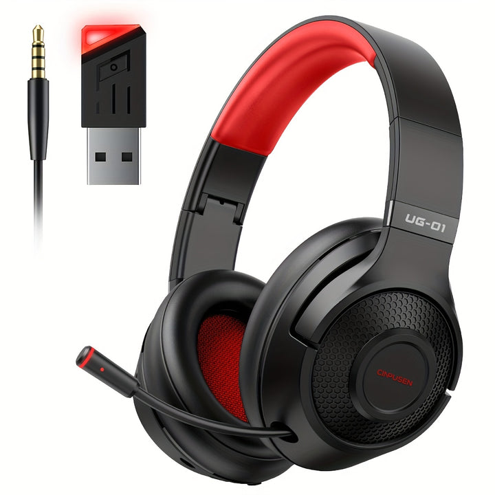 CINPUSEN UG-01 Wireless Gaming Headset with Microphone - Over-Ear, Noise-Canceling, 40 Hours Playtime, Soft Faux Leather Earmuffs, Comfortable & Adjustable for PC, PS5, PS4, for MacBook, Cell Phones - Black & Red