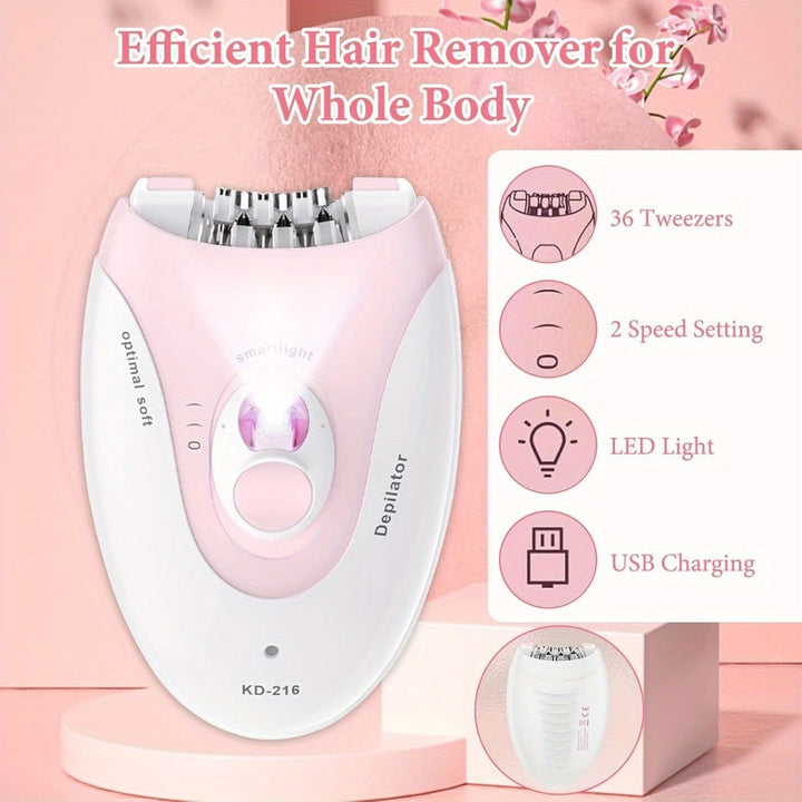 [Facial Epilator] Koina KD-214 | Cordless, Dual-Speed | 36-Tweezer Design | LED Light, Efficient | Face, Bikini, Arms, and Legs | Women | Pink & White