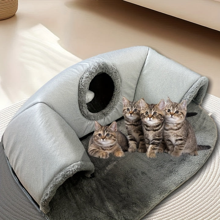 Tunnelle de chat confortable 3-en-1 - Tapis de jeu et nid chaud avec fond antidérapant pour chats de petite à moyenne taille, lapins et hamsters