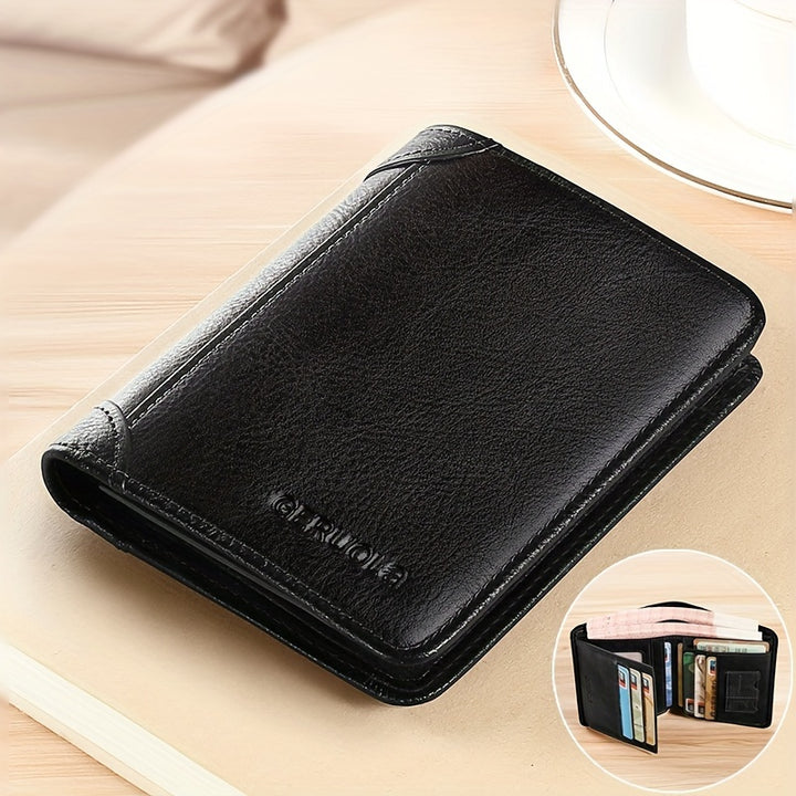Men's Ultra-thin Double-folded Leather Front Pocket RFID Wallet with 2 ID Card Windows