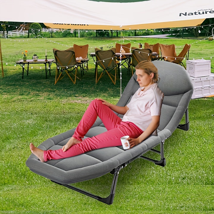 Stainless Steel Frame Folding Lounge Chair | Gray Polyester Cushion | Adjustable Headrest, Armrests & Side Pockets | Home, Camping, and Outdoor Relaxation