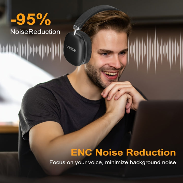 Wireless 40-Hour Rich Bass Gaming Headset - Over-Ear Design with Active Noise Cancellation, Crystal-Clear Calls & Type-C Charging - Compatible with Smartphones, Tablets, Gaming Consoles, Office Headset | Sleek Design | Soft E