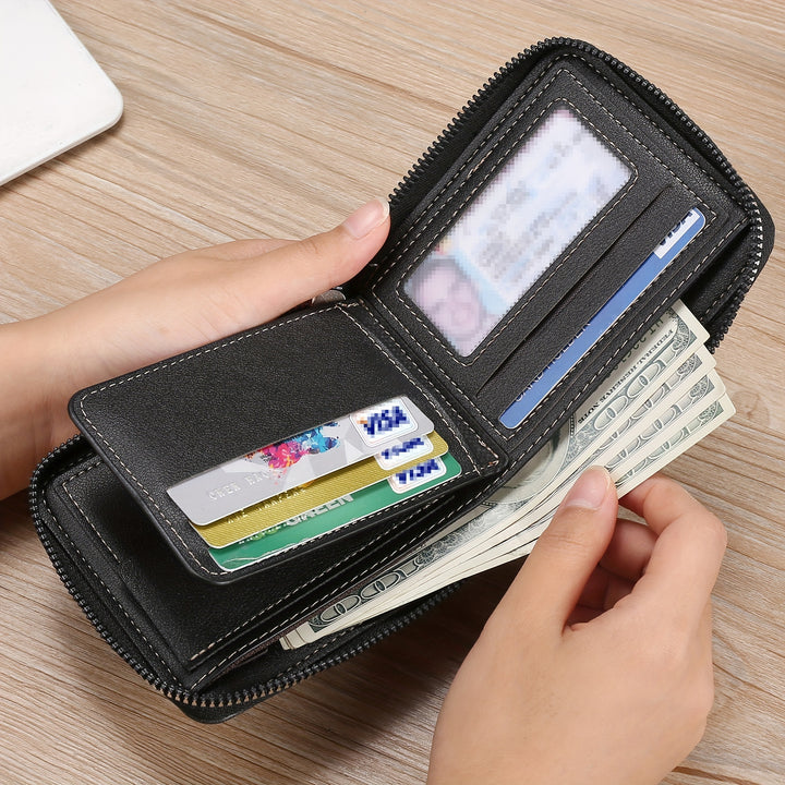 Men's Zipper Short Wallet, Multi-card Card Holder, PU Leather Bifold Wallet Money Clip With Coin Pocket, Gift For Men