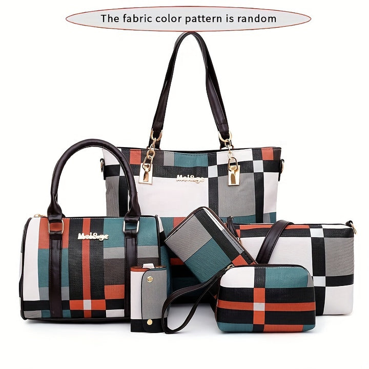 Large Capacity 6pcs/set Checkered Pattern Bag - Shoulder, Crossbody, Clutch, Long & Short Wallet