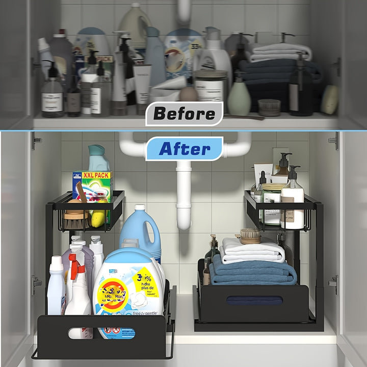 Two-Level Organizers for Under The Sink, Featuring a Sliding Pull-Out Shelf Made of Metal