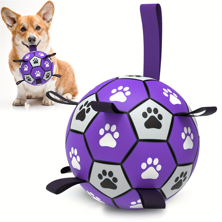 Purple and Black Durable Rubber Interactive Dog Soccer Ball Toy - Paw Print Design, Straps for Tug-of-War, Ideal for Small to Large Breeds, Indoor & Outdoor Play