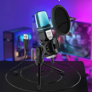 Micrófono de juego, micrófono USB para PC para videos de podcast, micrófono de condensador con función de silencio rápido, trípode, capucha de spray, luz indicadora RGB, amortiguador, botón de ganancia rotatorio, compatible con PS4/5/PC