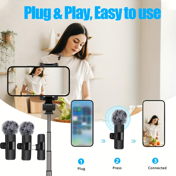 Wireless Lavalier Microphone Clip Microphone for iPhone iPad Android USB-C Cordless Clip-on Microphone, Plug And Play, Audio Video Recording Live Streaming Interviews