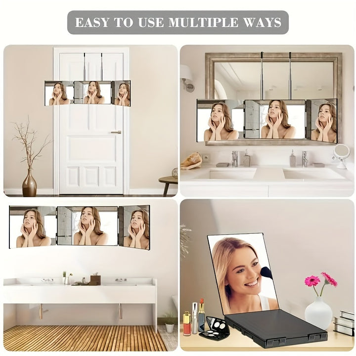 360° rotating 3-Way Trifold Mirror - Height Adjustable with Hooks for Effortless Self-Hair Cutting & Makeup Application