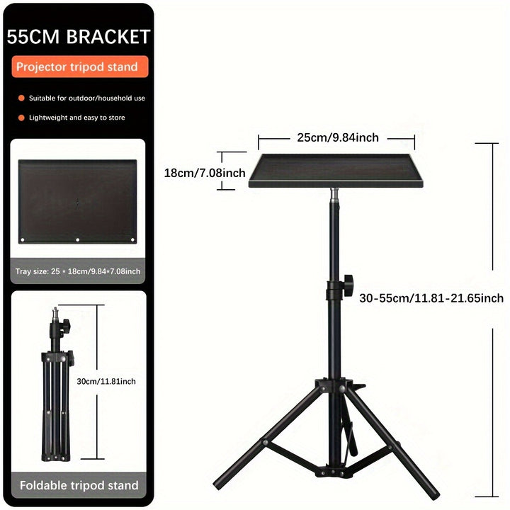 Telescopic Folding Tripod Projector Stand with Desk Stand, Tray Lift, Floor Table, and Laptop Shelf