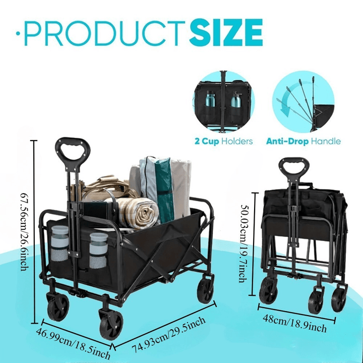 Versatile Heavy-Duty Beach Trolley - Foldable, 4-Wheel Cart with Lockable All-Terrain Wheels & Side Pockets, Large Capacity for Shopping, Sports, Camping