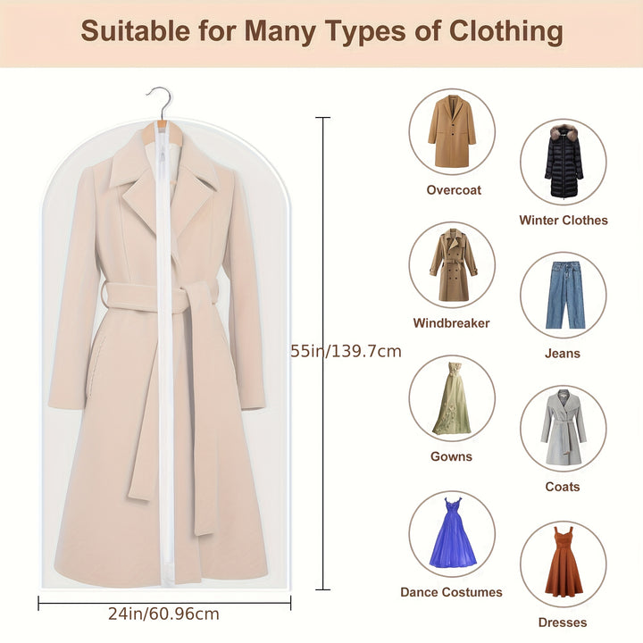 5pcs Zippered Garment Bags - Transparent PEVA Dustproof Clothing Covers with Hanging Hooks for Suits, Coats & Delicate Fabrics, Closet Organization & Travel Storage, Clothes Storage, Clear Visibility Material