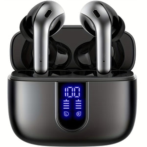 Auriculares inalámbricos con reproducción de 60H, pantalla LED de alimentación con estuche de carga inalámbrico, auriculares internos con micrófono