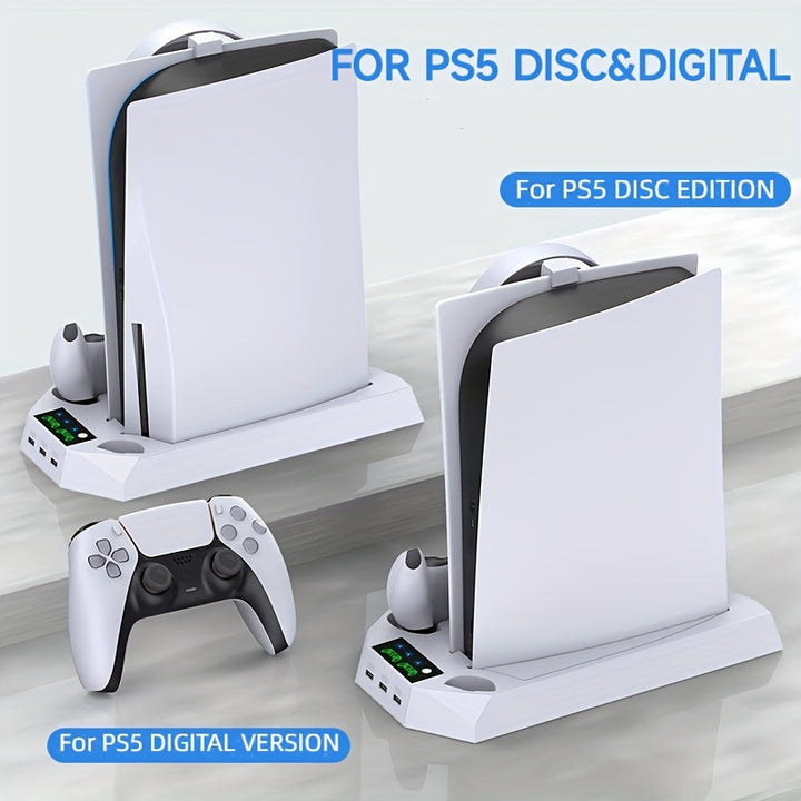 [Dual Charging PS5 Stand Station] PS5 Stand and Cooling Station with Dual Controller Charging Station for Playstation 5 Console, PS5 Accessories Incl. Controller Charger, Cooling fan, Headset holder, 3 USB Hub, Media Slot, Sc