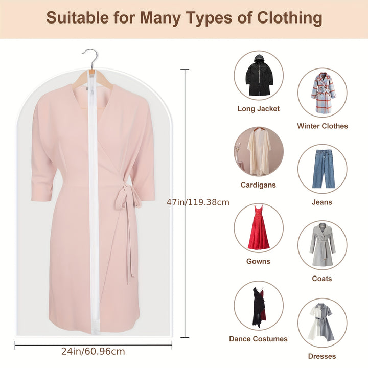 5pcs Zippered Garment Bags - Transparent PEVA Dustproof Clothing Covers with Hanging Hooks for Suits, Coats & Delicate Fabrics, Closet Organization & Travel Storage, Clothes Storage, Clear Visibility Material