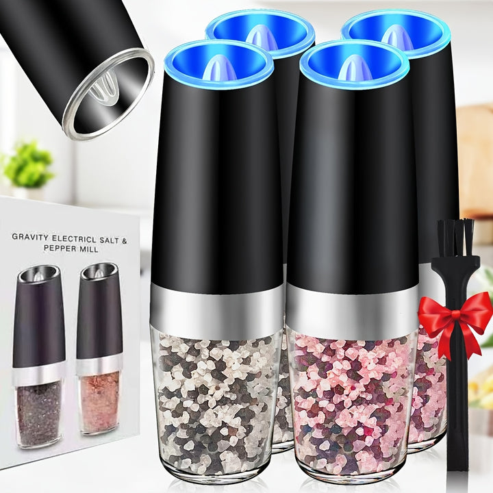 2/4pcs Gravity-powered Electric Salt and Pepper Grinder, Battery-powered LED Light, One-handed Automatic Operation, Adjustable Coarse Grinder, Grinder, Black Rocking Chair, Creative Kitchen Gadget Gift, Battery-powered to Cho