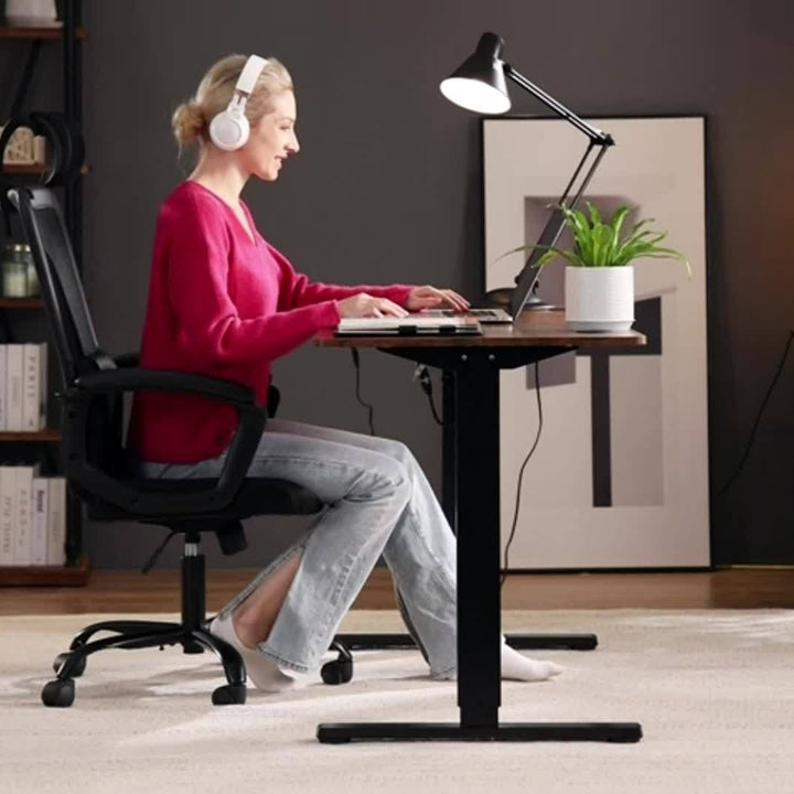 63" Adjustable Height Electric Standing Desk - Modern Wooden Workstation with 4-Panel Display Setup, Storage Shelf & Hooks for Home Office, Bedroom, or Gaming Room, Workspace Organizer | Sleek Metal Frame | Iron Construction,