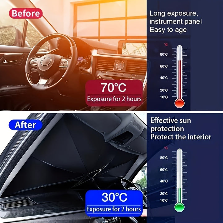 Compact Roll-Up Sunshade for Front Window - Heat Insulation and UV Protection, Easy-to-Use Auto Interior Accessory, UPF50+ Material, Fits Most Vehicles, Sun Protection Curtain | Sleek Black Umbrella Design | Easy Handling, Ca