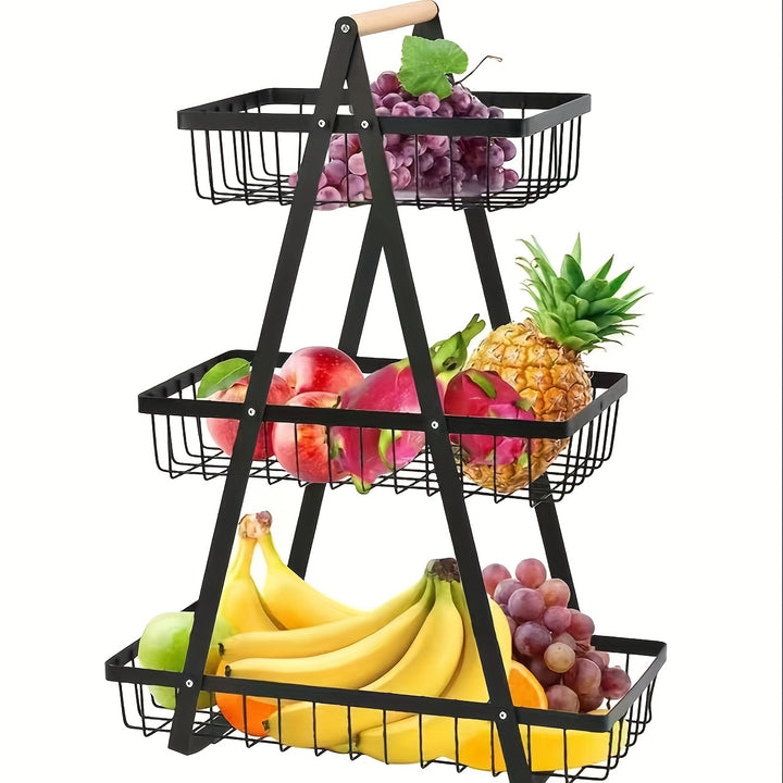 Modern Metal Fruit and Vegetable Basket with Detachable Bowl-Shaped Storage and Wooden Handle for Kitchen Organization, Perfect for Christmas/Halloween Gift, Countertop, Bathroom