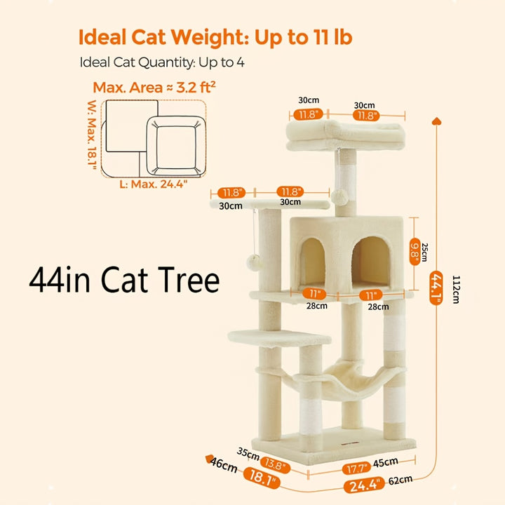 Feandrea 66.1/44.1in Cat Tree, Large Cat Tower with 13 Scratching Posts, 2 Perches, 2 Caves, Hanging Basket & Hammock, Pompoms, Stable Kitty Play House, Multi-Level Plush Cat Condo for Indoor Cats, Easy to Assemble, Perfect G