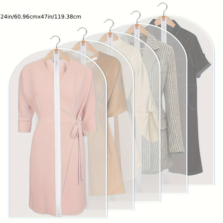 5pcs Zippered Garment Bags - Transparent PEVA Dustproof Clothing Covers with Hanging Hooks for Suits, Coats & Delicate Fabrics, Closet Organization & Travel Storage, Clothes Storage, Clear Visibility Material