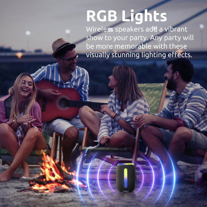 Enceinte sans fil portable - Lumières LED vibrantes, appairage TWS, appel et radio FM, USB AUX, idéale pour le camping et les fêtes