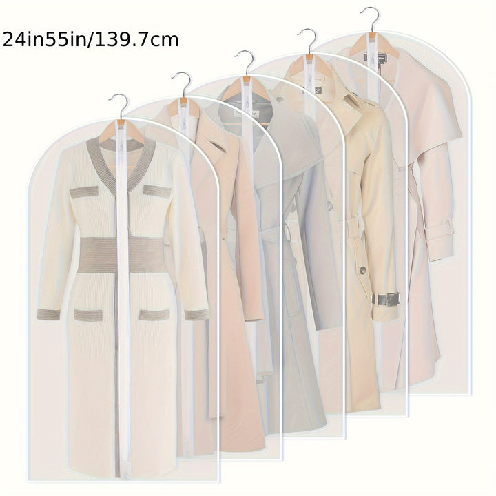 5pcs Zippered Garment Bags - Transparent PEVA Dustproof Clothing Covers with Hanging Hooks for Suits, Coats & Delicate Fabrics, Closet Organization & Travel Storage, Clothes Storage, Clear Visibility Material