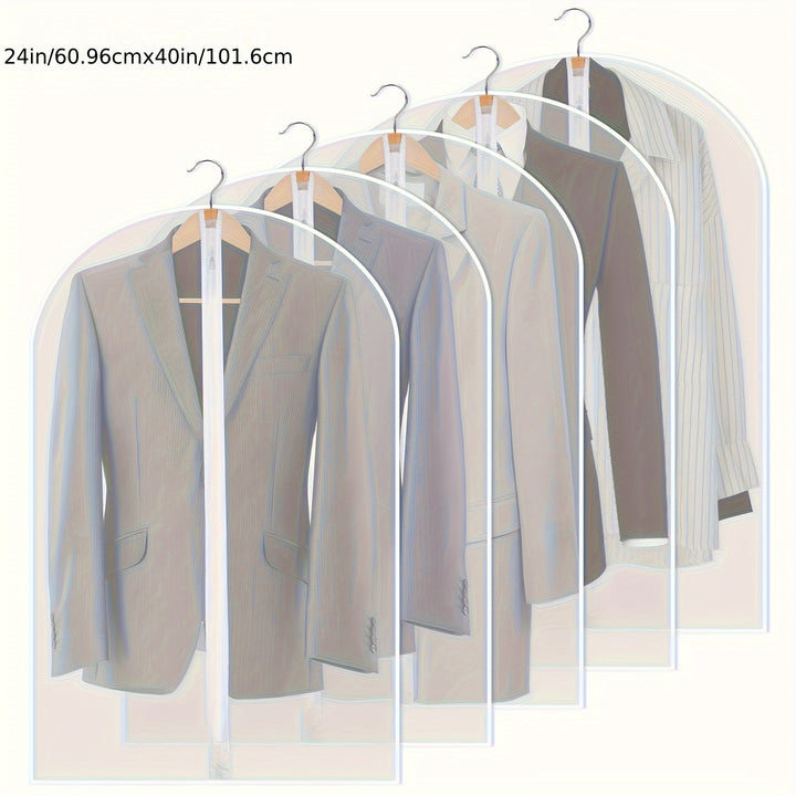 5pcs Zippered Garment Bags - Transparent PEVA Dustproof Clothing Covers with Hanging Hooks for Suits, Coats & Delicate Fabrics, Closet Organization & Travel Storage, Clothes Storage, Clear Visibility Material