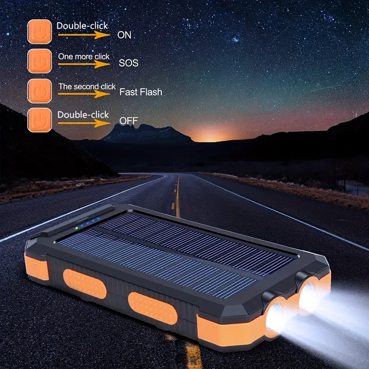 1pc, Portable Solar Power Bank with External Battery Charger and Strong LED Light, 2 USB Charging Ports for Outdoor Camping, Hiking and Emergency Use