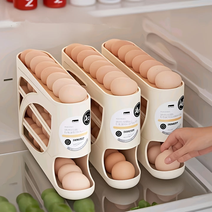 4-Tier Rolling Egg Holder - Side Door Design, Holds 30 Eggs, Smooth Glossy Finish, Convenient Handle