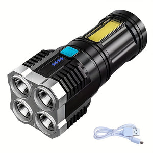 1pc Outdoor Strong Light Flashlight, 4 Four Lights, Strong Light Long-range Flashlight, Rechargeable COB Side Light Searchlight