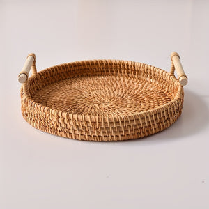 1pc Artisanal Woven Rattan Serving Tray - Dual Handles, Multipurpose Tea and Snack Presentation Platter, Ideal Bread Basket with Insulation for Kitchen & Dining - Versatile Home Accessory