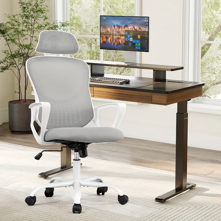 [High Back Ergonomic Computer Chair] OLIXIS Ergonomic Desk Computer Chair, High Back Comfort Swivel Home Gaming Mesh Chair With Wheels, Adjustable Headrest, Flip-Up Armrests, 144° Tilt, Suitable For Studying