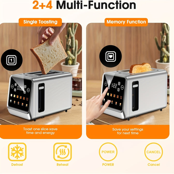 Toaster 2 Slice Digital Touch Screen Stainless Toaster with 5 Bread Selection 7 Shade Setting and Bagel/Defrost/Cancel/Reheat Function 1.5 IN 2 Slice Smart Toaster with Removable Crumb Tray