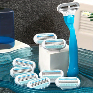 [1 Handle + 8 Blades Razor Kit] [Hypoallergenic Safety] Ladies' Classic Manual Hair Removal Razor Kit - Hypoallergenic, Reusable with 1 Blue Handle + 8 White Blades, 3-Layer Stainless Steel for Smooth, Normal Skin, Hair Remov