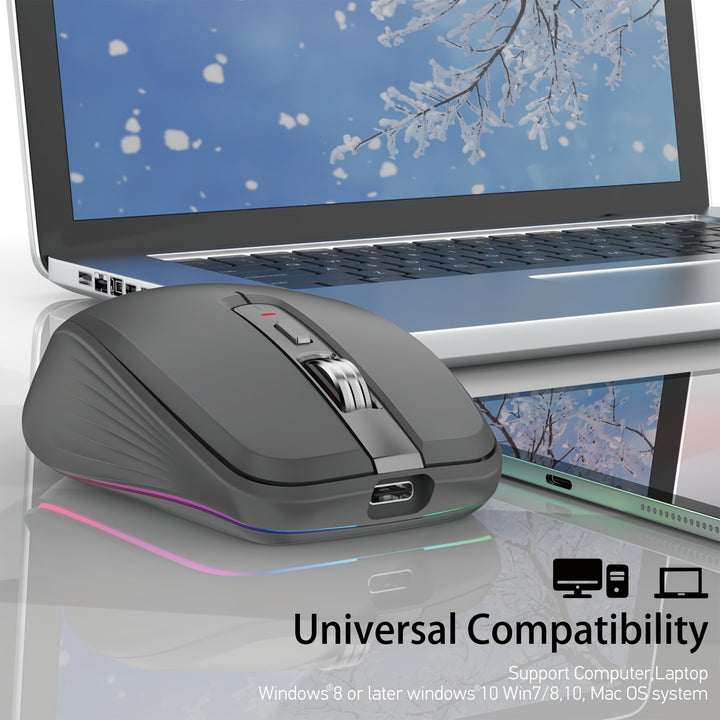 FMOUSE-M303 Ergonomic Wireless Mouse with RGB Lighting, Dual-Mode, USB-C Rechargeable - Compatible with PCs, Laptops & Desktops, Wireless Mouse for Laptop