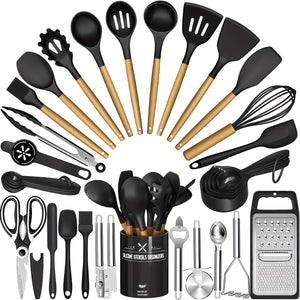 Set di Utensili da Cucina - 34 Pezzi di Utensili da Cucina in Silicone con Supporto, Set di Spatole Resistenti al Calore per Pentole Antiaderenti, Set di Gadget da Cucina con Manici in Legno Nero