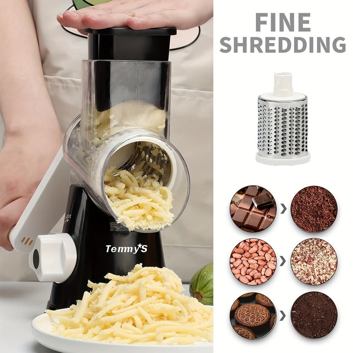 Rotary Cheese Grater and Vegetable Slicer - Kitchen Mandoline with 3 Interchangeable Blades, Easy-to-Clean for Fruits, Potatoes, Carrots, Nuts