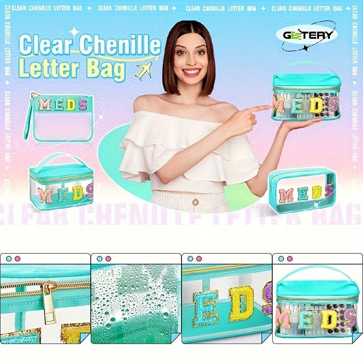 Chic Waterproof PVC Cosmetic Bag with Plush Chenille "MEDS" Letters - Portable, Large Capacity Travel Organizer with Zipper Closure, Easy to Clean - Preppy Style Patchwork Makeup Storage for Women and Girls in Pink/Blue/Turqu