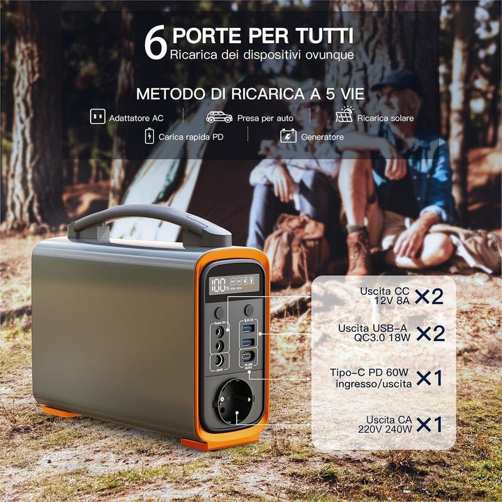 Mobile power station 240W/240Wh, LiFePo4 battery portable power storage with AC/DC/USB/PD 60W output, solar generator for camping, outdoor, motorhomes