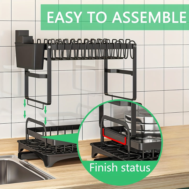 Escurridor de platos de 2 niveles para encimera de cocina, escurridores de platos para encimera de cocina con bandeja de drenaje, escurridor de platos de metal con drenaje, escurridor de cocina de dos niveles, escurridores de platos negros