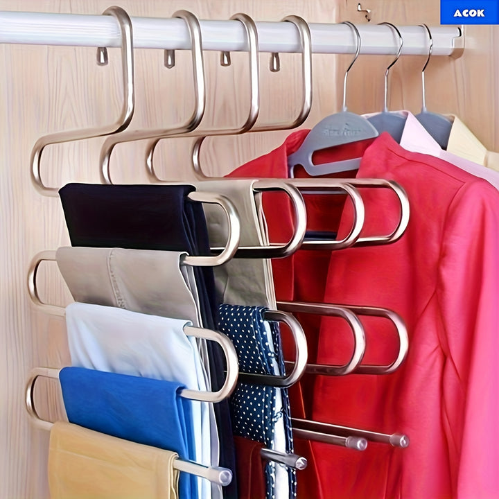 1pc Stainless Steel Multi-Layer S-Shaped Pants Hanger, Space Saving Non-Slip Closet Organizer for Trousers, Towels, Scarves